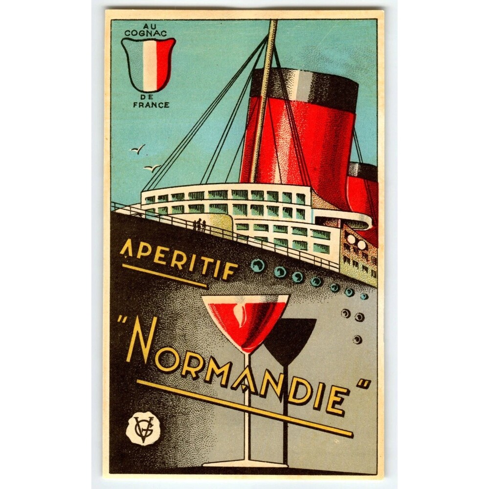 Aperitif Normandie Steamship Boat Liquor Paper Label 1930s French Boat Art Deco